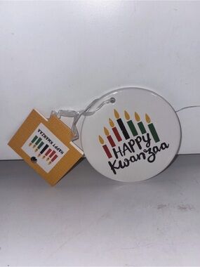 Happy Kwanzaa Ceramic Ornament - White with Red, Green & Black Candles